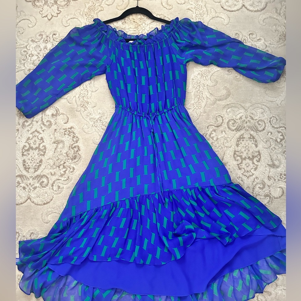 Diane von Furstenberg DVF silk blue and green print high low dress size 2